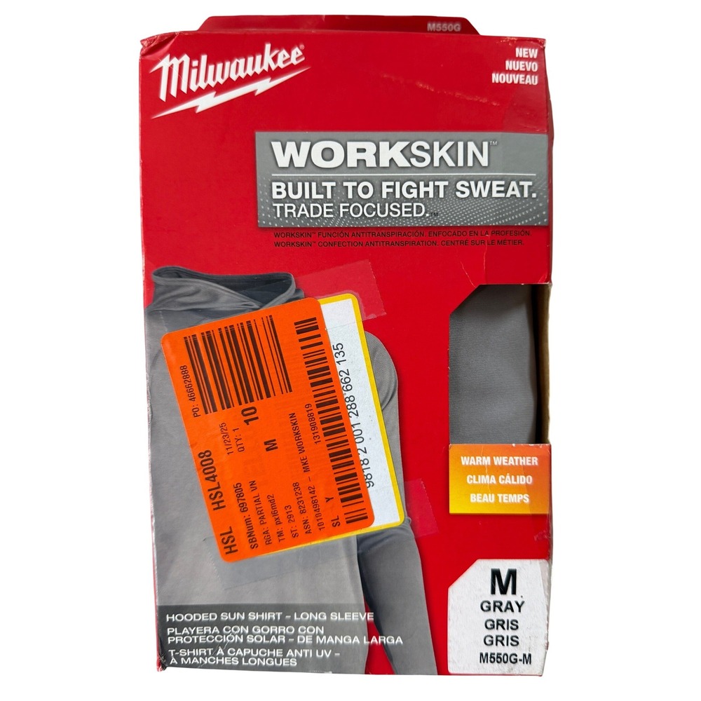 Milwaukee Workskin Hooded Sun Shirt Gray Mens Medium M550G-M UPF 50+ Long Sleeve